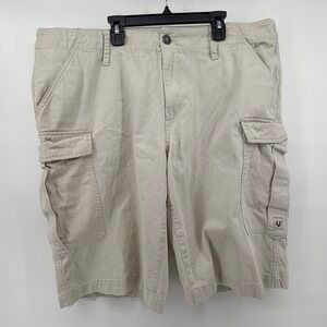 True Religion Mens Khaki Cargo Shorts Tan Size 38 World Tour Buddha Logo Twill